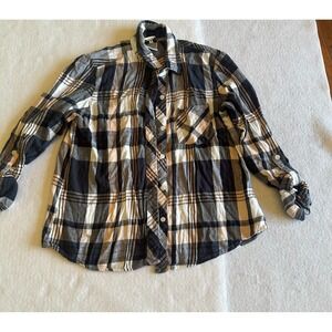 Wrapper Plaid Flannel Button Down Shirt Women Large Black Gray White Long Sleeve